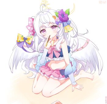 1girl absurdres ahoge azusa_(blue_archive) azusa_(swimsuit)_(blue_archive) barefoot bead_necklace beads bikini bikini_skirt blue_archive bow feathered_wings flower food food_in_mouth frilled_bikini frills full_body hair_between_eyes hair_bow hair_flower hair_ornament hair_ribbon halo highres jacket jewelry long_hair looking_at_viewer navel necklace pocky purple_eyes ribbon sidelocks simple_background sitting solo southernsandbox swimsuit wariza white_background white_hair white_wings wings