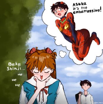 1boy 1girl blush closed_eyes cosplay crossdressing den_man embarrassed full_body highres ikari_shinji imagining mecha_pilot_suit neon_genesis_evangelion open_mouth orange_hair plugsuit_(evangelion) red_ribbon ribbon school_uniform souryuu_asuka_langley souryuu_asuka_langley_(cosplay) tokyo-3_middle_school_uniform trap