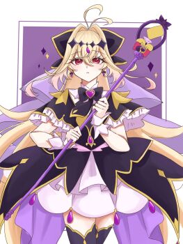 Rule 34 | 1girl, antenna hair, black bow, black capelet, black dress, blonde hair, bow, brooch, capelet, commentary, cure arcana shadow, dress, gradient hair, hair bow, hair intakes, heart, heart brooch, highres, holding, holding staff, jewelry, long hair, looking at viewer, magical girl, meitantei precure!, mgmg16, moria luluka, multicolored hair, precure, purple eyes, purple veil, solo, staff, tear arcana rod, veil, wrist cuffs