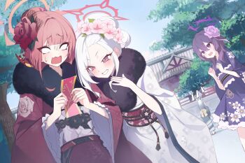 4girls absurdres aru_(blue_archive) aru_(new_year)_(blue_archive) black_kimono blue_archive blue_sky brown_kimono building commentary_request day floral_print flower frilled_sash fur_collar gradient_hair grey_hair hair_bun hair_flower hair_ornament halo haruka_(blue_archive) haruka_(new_year)_(blue_archive) highres holding horns japanese_clothes kayoko_(blue_archive) kayoko_(new_year)_(blue_archive) kimono long_hair long_sleeves mill_bbang multicolored_hair multiple_girls mutsuki_(blue_archive) mutsuki_(new_year)_(blue_archive) obi outdoors pink_flower pink_hair print_kimono problem_solver_68_(blue_archive) purple_eyes purple_flower purple_hair purple_kimono red_eyes red_flower sash sky tree wavy_mouth white_hair white_kimono wide_sleeves