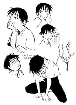 1boy black_pants blush collared_shirt dokudrinker hands_on_own_face ikari_shinji looking_down looking_to_the_side looking_up multiple_expressions multiple_views neon_genesis_evangelion pants pulling_own_clothes shirt solo source_request speech_bubble t-shirt white_shirt