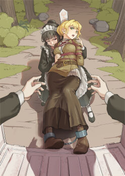 1boy 2girls apron bdsm blonde_hair bondage boots bound breasts brown_boots cardigan character_request commentary_request copyright_request cuffs green_eyes grey_hair hair_bun highres looking_at_viewer maid maid_apron maid_headdress medium_breasts multiple_girls open_mouth pov red_eyes root001 shackles shibari shibari_over_clothes teeth upper_teeth_only