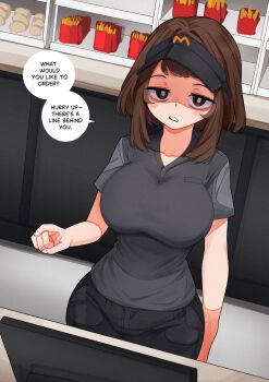 1girl absurdres black_hat boku_no_hero_academia breasts brown_eyes brown_hair cashier collarbone commentary employee_uniform english_commentary english_text food french_fries ghelber0 grey_shirt hat highres large_breasts looking_at_viewer mcdonald's parted_lips shirt short_hair solo speech_bubble standing uraraka_ochako visor_cap