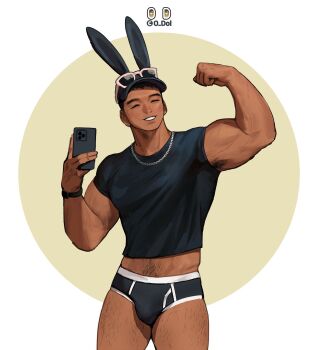 Rule 34 | 1boy, 2023, animal ears, armpit hair, asian, bara, baseball cap, biceps, black male underwear, briefs, chain, chain necklace, chinese new year, chinese zodiac, classic (zildjian33), classic fly briefs, dark-skinned male, dark skin, feet out of frame, flexing, hat, highres, jewelry, large pectorals, leg hair, male focus, male underwear, mature male, midriff peek, muscular, muscular male, navel hair, necklace, no pants, odol illust, original, pectorals, rabbit boy, rabbit ears, short hair, sideburns, solo, standing, sunglasses, thick eyebrows, thick thighs, thighs, underwear, veins, veiny arms, year of the rabbit