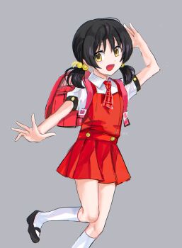 1girl :d arm_at_side arm_up backpack bag bare_arms black_hair black_shoes buttons child chromatic_aberration collared_shirt dress foot_out_of_frame grey_background hair_bobbles hair_ornament hashtag-only_commentary highres kaai_yuki kneehighs knees_together_feet_apart looking_at_viewer low_twintails mary_janes medium_hair necktie open_mouth outstretched_hand plaid_clothes plaid_necktie puffy_short_sleeves puffy_sleeves ramune55ni red_bag red_dress red_necktie school_uniform shirt shoes short_sleeves simple_background sleeveless sleeveless_dress smile socks solo square-end_necktie standing standing_on_one_leg tongue twintails vocaloid white_shirt white_socks yellow_eyes
