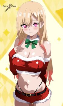 Rule 34 | 1girl, absurdres, arm behind back, bare shoulders, belt, black belt, blonde hair, bow, breasts, christmas, cleavage, commentary, detached sleeves, ear piercing, earrings, english commentary, fur-trimmed collar, fur-trimmed shirt, fur-trimmed shorts, fur trim, gradient hair, green bow, highleg, highleg panties, highres, indexryo, jewelry, kitagawa marin, large breasts, midriff, multicolored hair, navel, panties, piercing, pink eyes, pink hair, red shorts, santa costume, shirt, shorts, sono bisque doll wa koi wo suru, underwear