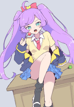 1girl aged_up ahoge arm_support black_socks blazer blue_jacket blue_skirt bow breasts candy desk food hair_bow highres holding holding_candy holding_food holding_lollipop jacket knee_up lollipop long_hair long_sleeves looking_at_viewer loose_socks manaka_laala medium_breasts miniskirt nojima_minami off_shoulder on_desk open_mouth paprika_private_academy_school_uniform pink_bow plaid_clothes plaid_skirt pleated_skirt pretty_series pripara purple_hair school_uniform short_sleeves sitting skirt socks sweater twintails very_long_hair yellow_sweater