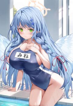 1girl absurdres angel_wings blue_archive blue_hair blue_wings blush breasts cleavage collarbone commentary competition_school_swimsuit day dobostorte feathered_wings green_eyes halo highres huge_breasts indoors large_breasts long_hair looking_at_viewer mine_(blue_archive) one-piece_swimsuit pointy_ears pool poolside school_swimsuit soaking_feet solo swimsuit symbol-only_commentary water wings yellow_halo