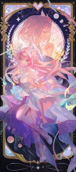 2girls absurdres bare_shoulders breasts closed_mouth coat commentary cyrene_(aedes_elysiae)_(honkai:_star_rail) cyrene_(honkai:_star_rail) cyrene_(ripples_of_past_reverie)_(honkai:_star_rail) daniel_deng dress flower hair_flower hair_ornament high_heels highres honkai:_star_rail honkai_(series) large_breasts long_hair multiple_girls pink_hair praying purple_coat purple_eyes short_hair sideboob smile very_long_hair white_dress