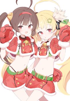 Rule 34 | 2girls, :d, absurdres, adapted costume, ahoge, alternate costume, animal hands, azur lane, bell, belt, bikini, blonde hair, blush, brown hair, buttons, capelet, commentary request, cosplay, eldridge (azur lane), eldridge (azur lane) (cosplay), eldridge (holy night's embrace) (azur lane), fur-trimmed capelet, fur-trimmed gloves, fur-trimmed skirt, fur trim, gloves, green belt, hair ornament, hand up, highleg, highleg bikini, highres, jingle bell, long hair, looking at viewer, midriff, multiple girls, navel, official alternate costume, open mouth, parted lips, paw gloves, pencil skirt, pentagram, pentagram hair ornament, ping hai (azur lane), pom pom (clothes), red capelet, red eyes, red gloves, red skirt, simple background, skirt, smile, star (symbol), star hair ornament, swimsuit, twintails, urotsuki (ku9625), white background