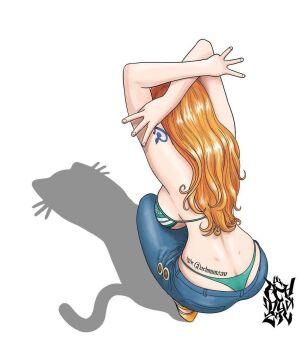 Rule 34 | 1girl, 2025, achmunzav, artist logo, ass, back, bikini, bikini under clothes, breasts, butt crack, cat shadow puppet (meme), commentary, denim, dimples of venus, from above, green bikini, instagram username, jeans, large breasts, logo, long hair, meme, nami (one piece), nami (one piece) (return to sabaody), official alternate costume, one piece, orange hair, pants, shadow, shoes, shoulder tattoo, simple background, solo, squatting, swimsuit, tattoo, twitter username, wavy hair, whale tail (clothing), white background