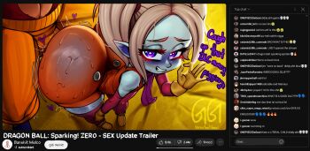 1boy 1girl age_difference aqua_skin artist_name ass chat_log colored_skin dragon_ball dragon_ball_daima dragon_ball_sparking_zero english_text fake_screenshot gloves greatestgori grin highres huge_ass kyojiri_loli loli looking_at_viewer orange_pants overalls pansy_(dragon_ball_daima) pants pointy_ears purple_eyes purple_scarf red_fur scarf shoes smile smug son_goku super_saiyan super_saiyan_4 sweat teasing thighhighs twintails white_hair yellow_gloves yellow_shoes youtube