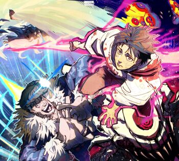 Rule 34 | 1girl, 2boys, black eyes, black jacket, black sclera, blood, blood on clothes, blood on face, bug, closed mouth, cockroach, colored sclera, commentary, cursed energy (jujutsu kaisen), cursed spirit (jujutsu kaisen), cyclops, english commentary, extra eyes, fur-trimmed jacket, fur trim, highres, insect, ishigori ryu, jacket, jujutsu kaisen, jujutsu tech uniform, kurourushi (jujutsu kaisen), long hair, multiple boys, okkotsu yuta, one-eyed, open mouth, orimoto rika, pink eyes, pink hair, pompadour, red eyes, sharp teeth, shikigami, short hair, taku (aywakutakuay), teeth, uro takako