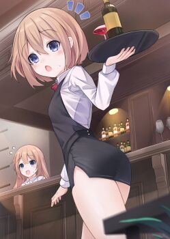 2girls alternate_costume ass black_dress blue_eyes blush breasts brown_hair choujigen_game_neptune choujigen_game_neptune_sisters_vs_sisters collared_shirt commission compile_heart cowboy_shot curious dress excited from_behind from_below from_side giga-tera hair_between_eyes hand_up happy holding holding_tray idea_factory indoors long_hair long_sleeves looking_at_viewer looking_back looking_down medium_hair multiple_girls neptune_(series) open_mouth pixiv_commission ram_(neptunia) rom_(neptunia) shirt siblings sisters skirt small_breasts solo_focus tears thighs tray twins upper_body waitress white_shirt