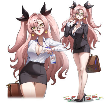 1girl absurdres alternate_costume black_bra black_skirt blush bra bra_peek breasts briefcase cleavage collarbone collared_shirt commentary_request cropped_legs earrings formal_clothes full_body green_eyes hair_ornament hairclip hand_up heart heart_earrings high_heels highres holding holding_briefcase id_card jewelry korean_commentary lagna lanyard large_breasts long_hair looking_at_viewer miniskirt mole mole_on_breast mole_on_thigh multiple_views nicole_demara office_lady open_mouth pink_hair semi-rimless_eyewear shirt skirt skirt_suit smile standing suit sweatdrop teeth under-rim_eyewear underwear upper_teeth_only white_shirt zenless_zone_zero