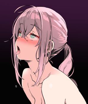 1girl aqua_eyes ar-57_(girls'_frontline) bare_shoulders batta_16-sei blush character_request collarbone commentary commentary_request drooling ear_piercing from_side girls'_frontline gradient_background highres light_blush multiple_piercings open_mouth piercing pink_hair ponytail saliva sexually_suggestive sidelocks simple_background solo tongue upper_body