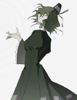 Rule 34 | 1girl, cowboy shot, dress, from side, green dress, green eyes, green hair, hat, highres, juliet sleeves, long sleeves, perro090119, puffy sleeves, short hair, sideways glance, slit pupils, soga no tojiko, solo, tate eboshi, ten desires, touhou, white background