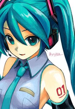 artist_name blue_eyes blue_hair detached_sleeves hatsune_miku headphones highres necktie number_tattoo signature tattoo twintails twitter_username vocaloid white_background ynykcx