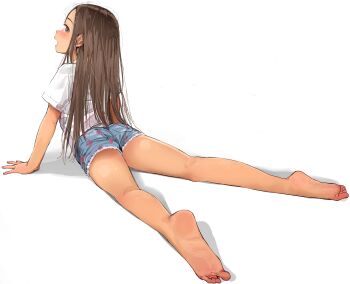 Rule 34 | 1girl, absurdres, arm support, ass, bare legs, barefoot, blue shorts, blush, brown eyes, brown hair, denim, denim shorts, fingernails, from behind, full body, highres, long hair, looking at viewer, looking back, masuda (yousaytwosin), open mouth, original, parted lips, petite, shirt, short shorts, short sleeves, shorts, sideways glance, simple background, soles, solo, toes, white background, white shirt