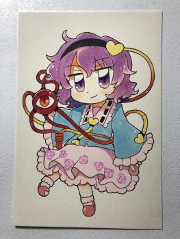 Rule 34 | 1girl, bad id, bad twitter id, black hairband, blue shirt, buttons, chibi, chibi only, closed mouth, commentary, eyeball, floral print, frilled shirt collar, frilled sleeves, frills, full body, hair ornament, hairband, heart, heart button, heart hair ornament, highres, komeiji satori, long sleeves, looking at viewer, maa (forsythia1729), medium hair, photo (medium), pink skirt, pink socks, print skirt, purple eyes, purple hair, red slippers, ribbon-trimmed collar, ribbon trim, rose print, shirt, skirt, slippers, smile, socks, solo, third eye, touhou, traditional media, wide sleeves