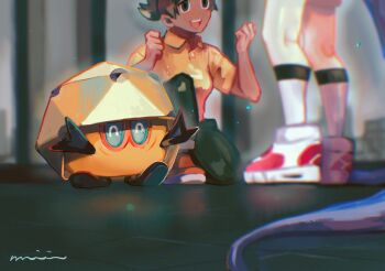 Rule 34 | ^ ^, black pants, blurry, blurry background, brown hair, closed eyes, collared shirt, commentary request, dark-skinned male, dark skin, dottler, gen 8 pokemon, highres, indoors, majikichi (miyama), nintendo, on one knee, open mouth, pants, pokemon, pokemon (creature), red shoes, shirt, shoes, short hair, short sleeves, smile, socks, standing, teeth, upper teeth only, white shoes, white socks, yellow shirt