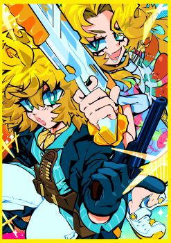 absurdres aqua_eyes belt black_gloves black_nails blonde_hair brown_belt crocs dokibird dokibird_(bounty_hunter) dokibird_(summer) dual_persona gloves gun handgun handgun_cartridge highres holding holding_weapon indie_virtual_youtuber jacket medium_hair open_clothes open_jacket open_mouth percivore revolver virtual_youtuber water_balloon water_gun weapon