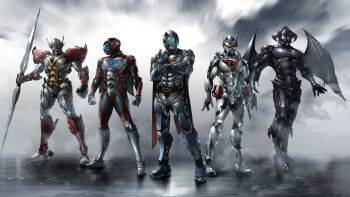 5boys android armor bodysuit cape casshern casshern_(series) character_request company_connection crossover gatchaman gloves hariken_polymar helmet highres humanoid_robot ken_the_eagle lance male_focus mask multiple_boys paintedmike polearm polymar power_armor retro_artstyle robot robot_hunter_casshern shinzou_ningen_casshern skin_tight soul_taker tatsunoko_pro tekkaman_(character) uchuu_no_kishi_tekkaman visor weapon white_bodysuit wings