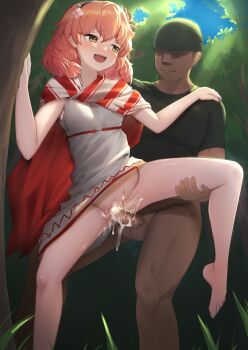 1boy 1girl absurdres age_difference bandit blue_sky blush commission cum cum_in_pussy faceless faceless_male fire_emblem fire_emblem_echoes:_shadows_of_valentia fire_emblem_heroes forest genny_(fire_emblem) hairband highres holding_shoulder leaning_on_object leg_grab leg_lift messy_hair nature nintendo open_mouth orange_hair partially_undressed skeb_commission sky striped tks_(526tks) tree yellow_eyes