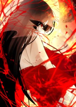 1girl absurdres black_hair commentary_request covered_mouth highres japanese_clothes kimono korean_commentary limbus_company long_hair looking_at_viewer looking_back pmchell_04 project_moon red_eyes ryoshu_(project_moon) solo twitter_username