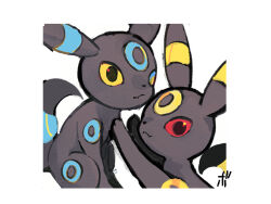 alternate_color animal_focus animal_hands black_fur blue_fur cyauken_(ouahloup) facial_mark fang forehead_mark gen_2_pokemon looking_at_viewer nintendo no_humans pokemon pokemon_(creature) red_eyes shiny_pokemon simple_background skin_fang umbreon upper_body white_background yellow_eyes yellow_fur