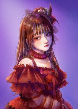 Rule 34 | 1girl, ann (tsukiyo joou ni warae), artist name, bare shoulders, black eyes, black feathers, bow, brown hair, closed mouth, clothing cutout, collar, dress, eyelashes, feather hair ornament, feathers, flower, frilled sleeves, frills, gradient background, hair flower, hair ornament, highres, komuzuka, lips, lolita fashion, long hair, long sleeves, looking ahead, looking to the side, purple background, red bow, red collar, red dress, red flower, see-through clothes, see-through sleeves, shoulder cutout, sideways glance, signature, sleeve bow, solo, standing, tsukiyo joou ni warae, upper body