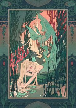 1girl absurdres alternate_costume aqua_hair aqua_tail blonde_hair border castle clam_shell clefs27 color_contrast colored_tips coral covered_mouth fish flower frills full_body gem hand_on_own_arm highres jibaku_shounen_hanako-kun long_hair lying mermaid monster_girl multicolored_eyes multicolored_hair on_stomach ornate_border pearl_(gemstone) pink_eyes school_of_fish seafloor seahorse seaweed short_bangs solo string_of_pearls two-tone_eyes two-tone_hair underwater underwater_city white_flower yashiro_nene yellow_eyes