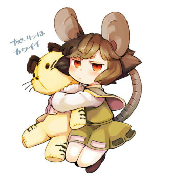 Rule 34 | animal ears, capelet, commentary request, daitai konna kanji, hugging doll, dress, full body, grey dress, grey hair, jitome, long sleeves, looking at viewer, mouse ears, mouse tail, nazrin, hugging object, red eyes, shirt, shoes, short hair, simple background, solo, stuffed animal, stuffed tiger, stuffed toy, tail, touhou, translated, white background, white shirt