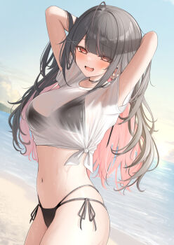 1girl :d arms_up beach bikini black_bikini black_hair blush colored_inner_hair commentary_request cowboy_shot highres long_hair looking_at_viewer monaka_curl multicolored_hair navel ocean open_mouth original pink_hair red_eyes see-through_clothes see-through_shirt shirt side-tie_bikini_bottom smile solo stomach swimsuit two-tone_hair water wet wet_clothes white_shirt