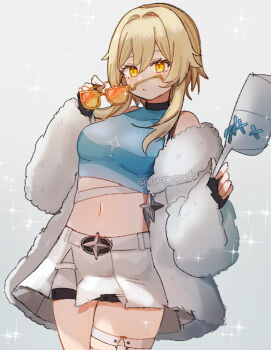 1girl bare_shoulders black_gloves blonde_hair blue_shirt breasts commentary_request cowboy_shot crop_top fingerless_gloves fur-trimmed_jacket fur_trim genshin_impact gloves gradient_background hair_between_eyes hat holding holding_removed_eyewear holding_unworn_clothes holding_unworn_hat jacket kuromu_shado looking_at_viewer lumine_(genshin_impact) lumine_(live_actually)_(genshin_impact) medium_breasts midriff miniskirt navel off_shoulder official_alternate_costume orange-tinted_eyewear shirt short_hair_with_long_locks skirt solo tinted_eyewear twitter_username unworn_eyewear unworn_hat unworn_headwear white_hat white_jacket white_skirt yellow_eyes