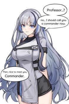 Rule 34 | 1girl, alternate costume, arms behind back, black shorts, blue hair, commentary, elmo dormitory outfit, english commentary, english text, girls' frontline, girls' frontline 2: exilium, girls' frontline neural cloud, gongbangmanchi (daisy cutter), grey hair, highres, hubble (neural cloud), looking at viewer, multicolored hair, open mouth, shorts, simple background, solo, speech bubble, streaked hair, white background, white mouth