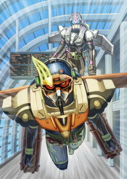 Rule 34 | 2boys, armor, bang bang shooting level 2, belt, blue eyes, blue sky, commentary request, flying, gamer driver, highres, jet combat level 3, kamen rider, kamen rider ex-aid (series), kamen rider lazer, kamen rider snipe, multiple boys, rider gashat, sennsu, shooter gamer level 3, sky, tokusatsu, wings