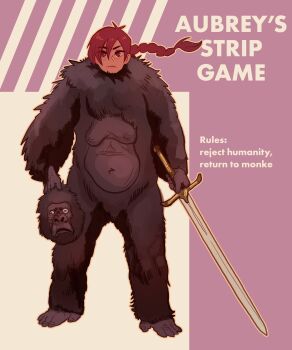 1girl animal_costume aubrey_(neal_d._anderson) braid brown_eyes brown_hair costume dark-skinned_female dark_skin freckles gorilla_mask highres holding holding_sword holding_weapon monkey_costume neal_d._anderson original strip_game sword weapon