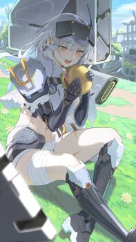 Rule 34 | absurdres, bandaged leg, bandages, blush, burger, commentary request, food, goddess of victory: nikke, headgear, highres, holding, holding burger, holding food, long hair, looking at food, mechanical arms, mechanical legs, myabit, navel, open mouth, scar, smile, snow white (heavy arms) (nikke), snow white (nikke), stomach, white hair, yellow eyes