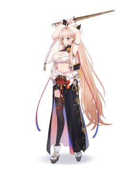 Rule 34 | 1girl, arm over head, arm strap, arm up, artist request, black collar, black gloves, black thighhighs, blonde hair, braid, bridal gauntlets, brown eyes, chest sarashi, closed mouth, collar, earrings, final gear, floral print thighhighs, flower knot, flower symbol, french braid, full body, gloves, hair behind ear, half updo, high ponytail, highres, holding, holding sword, holding weapon, jewelry, lace, lace-trimmed thighhighs, lace trim, leg ribbon, legs apart, light blush, light particles, long hair, long sidelocks, midriff, official art, okobo, parted lips, pelvic curtain, petticoat, platform sandals, ponytail, red ribbon, ribbon, ribbon-trimmed sleeves, ribbon-trimmed socks, ribbon trim, rin kamiuezono, sandals, sarashi, see-through clothes, see-through thighhighs, shinai, short sleeves, sidelocks, simple background, single sleeve, slip showing, socks, solo, standing, sword, tachi-e, tassel, thighhighs, third-party source, transparent background, v-shaped eyebrows, very long hair, very long sidelocks, weapon, white sleeves, wide sleeves