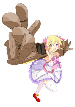 1girl :d android blonde_hair bow doll_joints dress english_text flat_chest giant_fist hair_bow heterochromia horns joints looking_at_viewer low_twintails mechanical_horns medium_hair muramasa_(senran_kagura) official_art open_mouth outstretched_arms pink_bow power_fist purple_dress purple_eyes red_eyes senran_kagura senran_kagura_new_wave simple_background smile solo thighhighs twintails white_background white_thighhighs