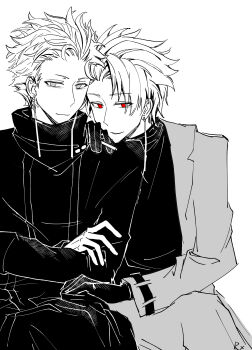 Rule 34 | 2boys, absurdres, chinese commentary, closed mouth, coat, commentary request, crossed arms, gloves, greyscale, hand on another's shoulder, head on another's shoulder, highres, lapels, long sleeves, male focus, monochrome, multiple boys, notched lapels, open clothes, open coat, parted lips, red eyes, rumeld othmayer, saibou shinkyoku, short hair, simple background, smile, spot color, theodore riddle, white background, yaoi, zhujian pianyi rx