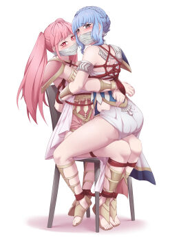 2girls absurdres adzuqi armband armor arms_behind_back bare_shoulders bdsm blush bondage bound bound_arms bound_legs bound_together bound_torso braid chair chair_bondage cloth_gag collar commission crown_braid dress embarrassed female_focus fire_emblem fire_emblem:_three_houses full_body gag gagged hair_bun highres hilda_valentine_goneril improvised_gag long_hair looking_ahead looking_at_viewer looking_back looking_to_the_side marianne_von_edmund marianne_von_edmund_(serene_adherent) marianne_von_edmund_(timeskip) multiple_girls nintendo pink_dress sandals short_hair short_hair_with_long_locks shoulder_armor sidelocks simple_background sitting sitting_on_lap sitting_on_person skin_tight skindentation straddling swept_bangs toes twintails white_background white_dress