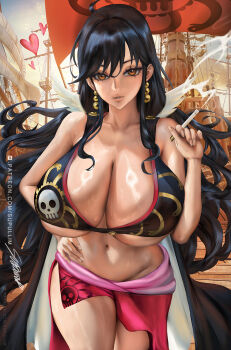 1girl breasts cigarette cleavage earrings female_focus hand_on_own_hip heart huge_breasts jewelry long_hair looking_at_viewer navel one_piece orange_eyes shakuyaku_(one_piece) solo supullim sweat