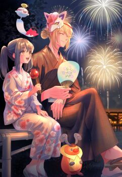 1boy 1girl aerial_fireworks akari_(pokemon) black_hair blonde_hair candy_apple chimecho commentary crossed_legs fireworks floral_print floral_print_kimono food gen_3_pokemon gen_4_pokemon hair_bun hand_fan highres hisuian_zoroark holding holding_fan holding_food japanese_clothes kimono kricketot mask mask_on_head mitama_(mokochiko) night nintendo pokemon pokemon_legends:_arceus ponytail print_kimono sandals single_hair_bun sitting smile volo_(pokemon)