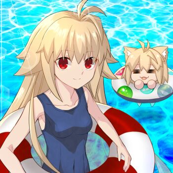 Rule 34 | 2girls, arcueid brunestud, bare shoulders, blonde hair, blue one-piece swimsuit, collarbone, eco-arc, hirakawa, long hair, looking at viewer, multiple girls, neco-arc, neco spirit, one-piece swimsuit, red eyes, school swimsuit, short hair, smile, swim ring, swimsuit, tsukihime, tsukihime (remake)