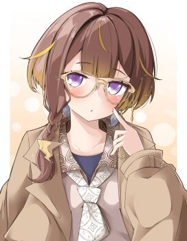 1girl anya_melfissa anya_melfissa_(indonesian_casual) blonde_hair blonde_streaks blouse blunt_bangs blush border braid brown_coat brown_hair check_commentary cheek_poking coat collarbone commentary_request double-parted_bangs eyewear_strap finger_to_cheek glasses gradient_background gradient_hair hand_up highres hololive hololive_indonesia jitome long_sleeves looking_at_viewer medium_hair mozya multicolored_hair necktie official_alternate_costume official_alternate_hairstyle outside_border parted_lips pillarboxed poking print_necktie puffy_long_sleeves puffy_sleeves purple_eyes shirt side_braid solo straight-on streaked_hair trench_coat two-tone_hair upper_body virtual_youtuber white_border white_necktie white_shirt yellow-framed_eyewear
