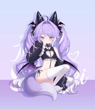 1girl :i absurdres ahoge black_bow black_collar black_panties black_shirt black_sleeves black_wings blue_eyes blush bow breasts bun_cover charachan900 cleavage_cutout closed_mouth clothing_cutout collar commentary cone_hair_bun crop_top cropped_shirt demon_wings detached_sleeves double_bun fox_girl fox_tail frilled_sleeves frills hair_bow hair_bun hair_intakes heart_cutout heterochromia highres long_hair long_sleeves looking_at_viewer low_wings no_pants no_shoes panties parted_bangs pout purple_background purple_hair purple_theme shirt side-tie_panties sitting sleeveless sleeveless_shirt sleeves_past_fingers sleeves_past_wrists small_breasts solo stellive swept_bangs symbol-only_commentary tail tenko_shibuki thighhighs twintails underwear very_long_hair virtual_youtuber white_thighhighs wings yellow_eyes