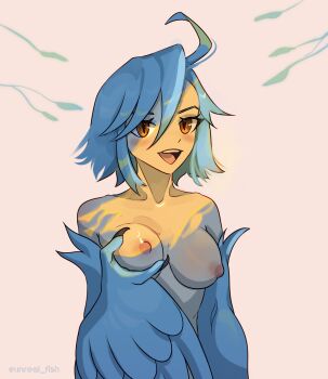 1girl absurdres ahoge alternate_breast_size_(larger) blue_feathers blue_hair blue_wings blush breasts claws commentary english_commentary feathered_wings feathers hair_between_eyes harpy highres looking_at_viewer medium_breasts monster_girl monster_musume_no_iru_nichijou nipples nude open_mouth papi_(monster_musume) short_hair solo teeth twitter_username unreal_fish upper_teeth_only winged_arms wings yellow_eyes