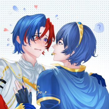 Rule 34 | 2boys, blue eyes, blue hair, commentary request, crossed bangs, fire emblem, fire emblem engage, hair between eyes, heterochromia, highres, looking at another, male alear (fire emblem), male focus, marth (fire emblem), multicolored hair, multiple boys, nintendo, prince, red eyes, red hair, snake staff, split-color hair, two-tone hair, yaoi